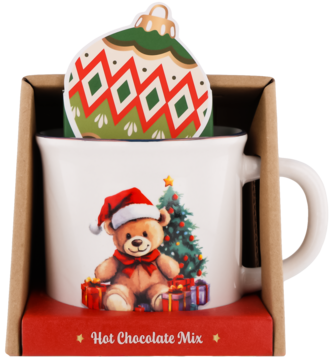 Biały świąteczny kubek z misiem Mikołajem i choinką, w kartoniku na waniliowy hot chocolate mix, z zawieszką.