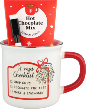 Joyfull Giftbox: biały kubek z czerwoną rączką, napisem "X-mas Checklist", torebką Hot Chocolate Mix i markerem.