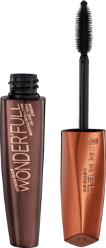 Brązowa maskara Rimmel Wonder'full Extreme Black z otwartą butelką i widoczną silikonową szczoteczką.