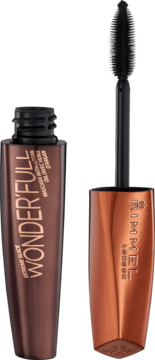 Brązowa maskara Rimmel Wonder'full Extreme Black z otwartą butelką i widoczną silikonową szczoteczką.