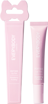 Dwa różowe peptydowe tinty Everybody London Raspberry Pudding: tubka w opakowaniu z kokardą i osobna.