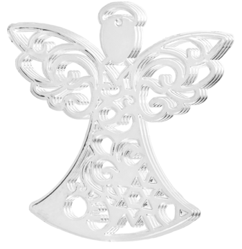 Biała, ażurowa ozdoba świąteczna w kształcie anioła z rozłożystymi skrzydłami, widok z przodu.