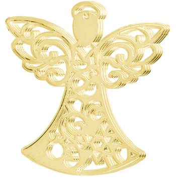 Złota, ażurowa ozdoba w kształcie aniołka z misternymi wycięciami i lśniącym, trójwymiarowym wykończeniem.