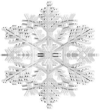 Kryształowy płatek śniegu 3D, biały i misterny, z licznymi ramionami, na czarnym tle, widok z przodu.