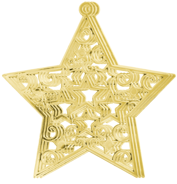 Złota pięcioramienna gwiazda z misternym, wytłoczonym wzorem filigranowym, widoczna z przodu.
