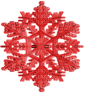 Czerwony, ozdobny płatek śniegu o sześciu ramionach, z licznymi detalami i trójwymiarową teksturą.