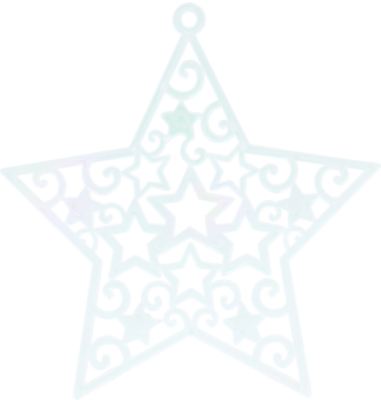 Biała ażurowa gwiazda dekoracyjna z misternym wzorem z wirów i małych gwiazd, z pętelką u góry.