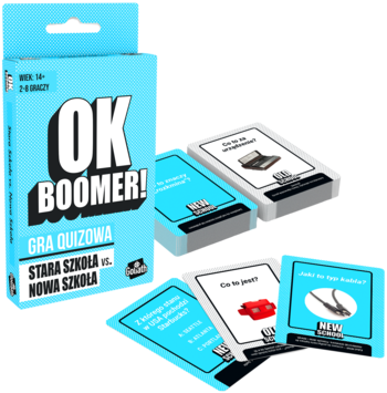 Gra quizowa Ok Boomer! Stara Szkoła vs Nowa Szkoła. Jasnoniebieskie pudełko i rozłożone karty quizowe.