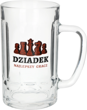 Przezroczysty szklany kufel na piwo z ciemnobrązowymi figurami szachowymi i napisem "DZIADEK NAJLEPSZY GRACZ", widok z przodu.