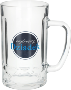 Szklany kufel na piwo z uchwytem i napisem "Najlepszy Dziadek" w niebieskim okręgu, widok z przodu.