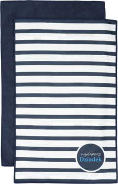 Granatowo-biały ręcznik w paski z napisem 'najlepszy Dziadek', częściowo przykrywający drugi granatowy ręcznik.