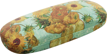 Twarde etui na okulary z motywem słoneczników Van Gogha na jasnoniebieskim tle, widok z góry.
