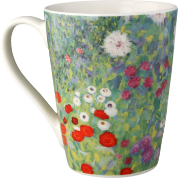 Biały kubek z uchwytem, ozdobiony malarskim, impresjonistycznym wzorem kwiatów w czerwieni, bieli i zieleni.