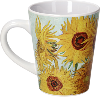 Biały kubek w kształcie stożka z reprodukcją obrazu słoneczników Van Gogha, widok z przodu.