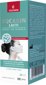VOCARIN LACTI Spray do gardła 30ml, niebiesko-zielone opakowanie z profilem kobiety, smak malina i mięta.