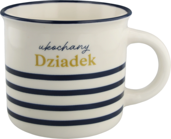 Biały ceramiczny kubek dla Dziadka z granatowymi paskami i złotym napisem "ukochany Dziadek", widok z przodu.