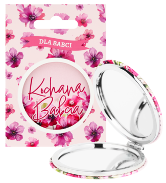 Srebrne lusterko kompaktowe dla Babci w kwiatowy wzór, otwarte, obok różowe opakowanie z napisem.