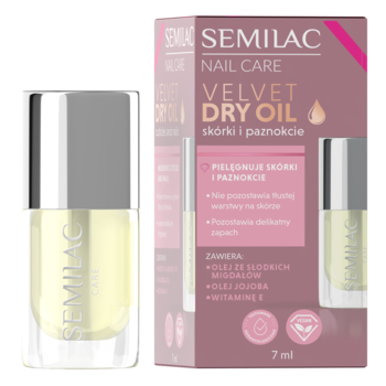 Semilac Nail Care Velvet Dry Oil, nietłusty olejek do skórek i paznokci w butelce obok różowego opakowania 7ml.