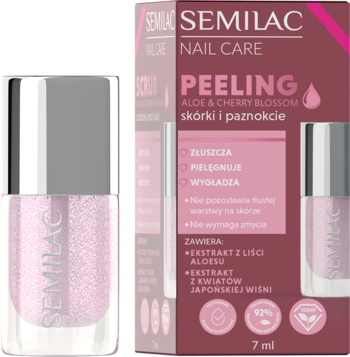 Semilac Nail Care Peeling Aloe & Cherry Blossom: butelka z różowym płynem i ciemnoróżowe opakowanie.