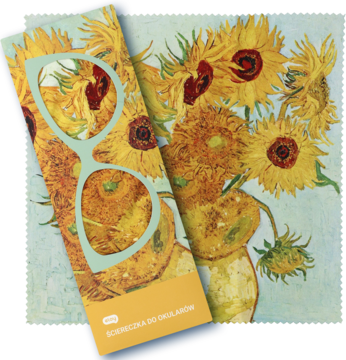 Zestaw: etui i ściereczka do okularów ze słonecznikami Van Gogha, zielone oprawki na etui, z góry.