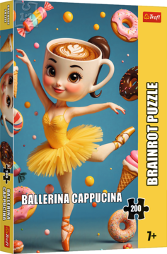 Kolorowe puzzle Trefl Brainrot, 200 elementów: Ballerina Cappucina z kawową głową tańczy wśród pączków.
