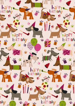 Urodzinowy wzór z wesołymi psami w kapeluszach, balonami, prezentami i napisem 'Happy Birthday' na jasnym tle.