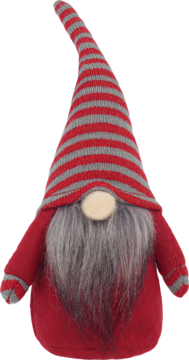 Świąteczny krasnal w czerwono-szarej czapce w paski, z długą brodą i drewnianym nosem, widok z przodu.