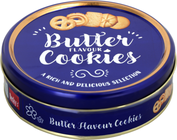 Ciemnoniebieska puszka herbatników maślanych Butter Flavour Cookies z ozdobnymi złotymi ciasteczkami na wieczku, z góry.