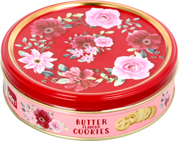 Czerwona, okrągła puszka ciastek maślanych z kwiatowym wzorem róż i liści, widok z góry.