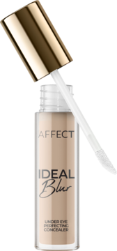 Korektor Affect Ideal Blur 1N z aplikatorem w przezroczystej butelce, złotą zakrętką, widok z przodu.