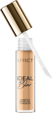 Otwarty korektor Affect Ideal Blur 3W, jasnobeżowy, z aplikatorem i złotą nakrętką, na beżowym tle.