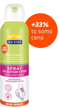 Zielony spray do butów i stóp N°36, 50 ml więcej, neutralizujący zapach, widok butelki pod kątem na pomarańczowym tle.