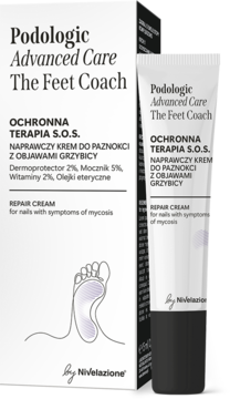 Podologic Advanced Care The Feet Coach krem na grzybicę paznokci w białym opakowaniu i tubce, widok z przodu.