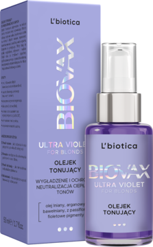 Fioletowy olejek tonujący L'biotica Biovax Ultra Violet do blond włosów, butelka z pompką i pudełko, widok z przodu.