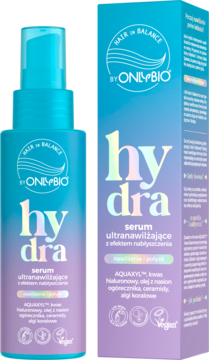 OnlyBio Hydra ultranawilżające serum do włosów w niebieskiej butelce i pudełku. Widok z przodu, z efektem nabłyszczenia.