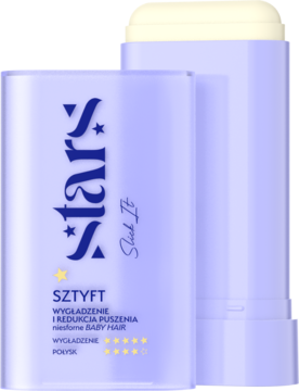 Fioletowy sztyft stars Slik It, otwarty, do wygładzania włosów i redukcji baby hair, stojący obok zamkniętego.