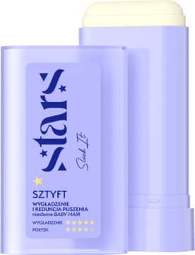 Fioletowy sztyft Stars Slick It do wygładzania włosów, redukujący puszenie i baby hair, częściowo wysunięty z opakowania.