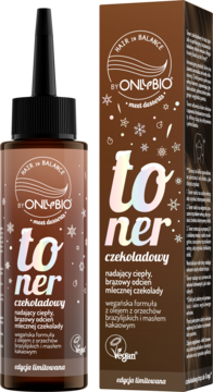 Toner OnlyBio Hair in Balance czekoladowy w brązowej butelce i pudełku, dla odcienia mlecznej czekolady.