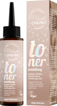 ONLYBIO Hair in Balance waniliowy toner do włosów w butelce i pudełku, nadający chłodny beż, widok z przodu.