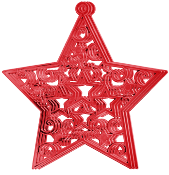 Czerwony, dekoracyjny ornament świąteczny w kształcie pięcioramiennej gwiazdy z misternymi, reliefowymi zdobieniami, widok z przodu.