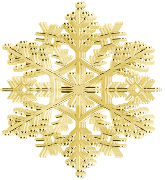 Złota, błyszcząca ozdoba świąteczna w kształcie misternie wykonanej śnieżynki, widok frontalny, bogate detale.