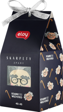Granatowe pudełko Eloy ze srebrną kokardą, skarpety "Dziadek wie wszystko" (2 pary) z wizerunkiem dziadka, r. 40-45.