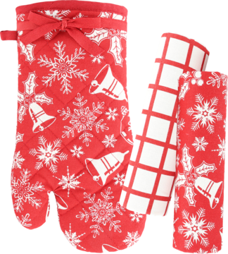 Czerwono-biały zestaw świąteczny: pikowana rękawica kuchenna i dwie ścierki w płatki śniegu oraz kratę.