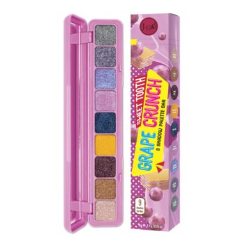 Kompaktowa paleta cieni J.Cat Beauty Sweet Tooth Grape Crunch z 9 błyszczącymi kolorami w różowym etui, obok pudełko.