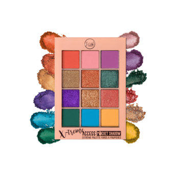 Paleta J.Cat Beauty X-treme Access Pops of Paparazzi, 12 cieni: mat i błysk. Barwne swatche wokół. Widok z przodu.
