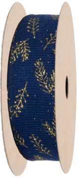 Granatowa wstążka z brokatowym, złotym wzorem gałązek na tekturowej szpuli, widok z boku.