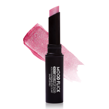 J.Cat Beauty Mood Flick Mood Swing, holograficzny balsam w czarnym sztyfcie, z różowym swatche brokatowym.