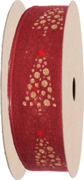 Czerwona świąteczna wstążka na szpuli, ze złotymi, brokatowymi choinkami z kropek i czerwonymi gwiazdkami, widok z boku.