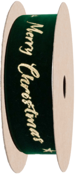 Zielona aksamitna wstążka świąteczna ze złotym napisem 'Merry Christmas' na szpuli, z bliska.