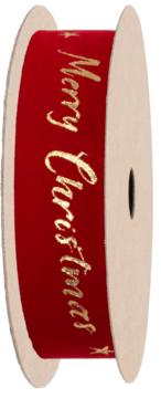 Czerwona aksamitna wstążka ze złotym napisem 'Merry Christmas' na kartonowej szpuli, widok z boku.